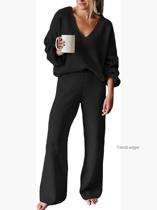 Pants - Women's 2-Piece Knit Lounge Set Sweatsuit Wide Leg Pants
